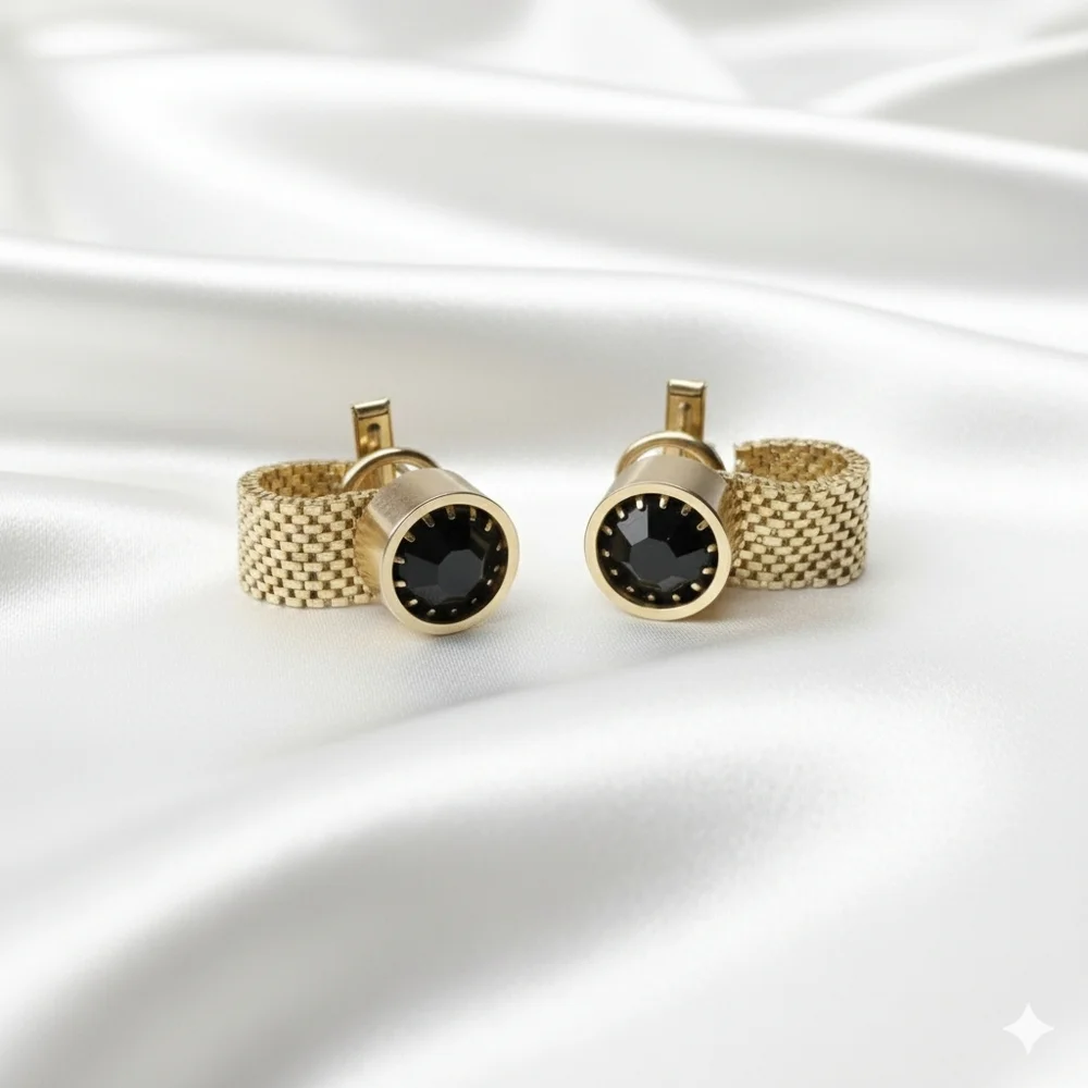 Cufflinks Black Glass Crystal Gold Tone Link Chain Clip Button Prong Set Formal